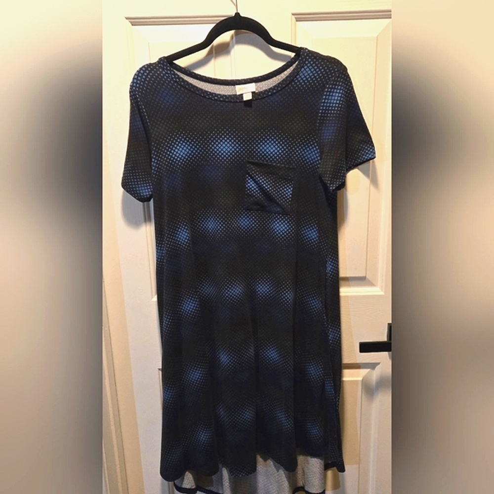 Lularoe XSP Blk/Blue Geo Pattern Carly 👕 Dress Hi-Low Mid Length Front Pocket - Picture 6 of 6